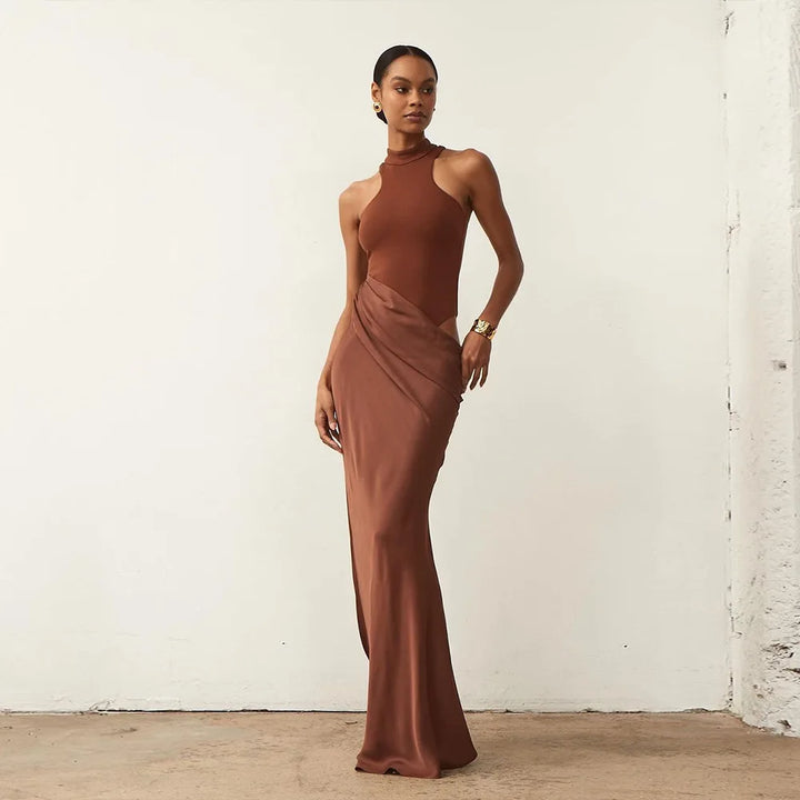 Bronze Horizon – satin maxi with high neck & cut-out waist