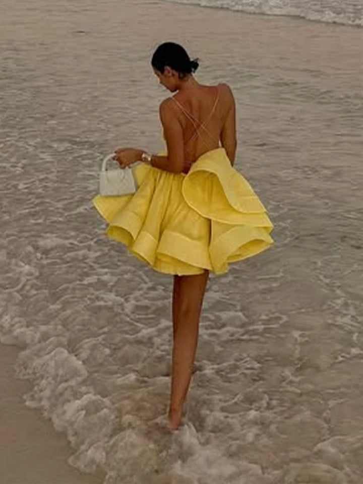 Bella Ventana Dress – Elegant pleated dress with back lacing & open back