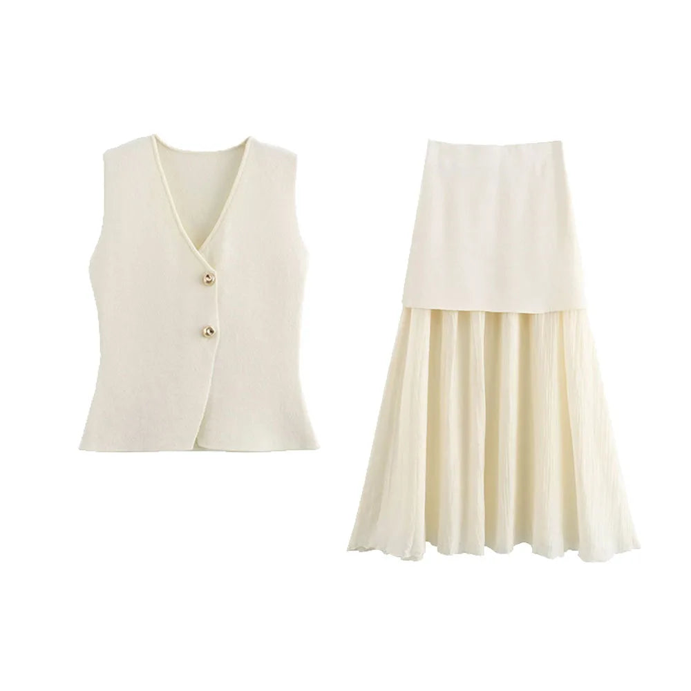 Beiges Zweiteiler-Set mit ärmelloser Weste und Midirock – Amalfi Glow von Aura Aurora