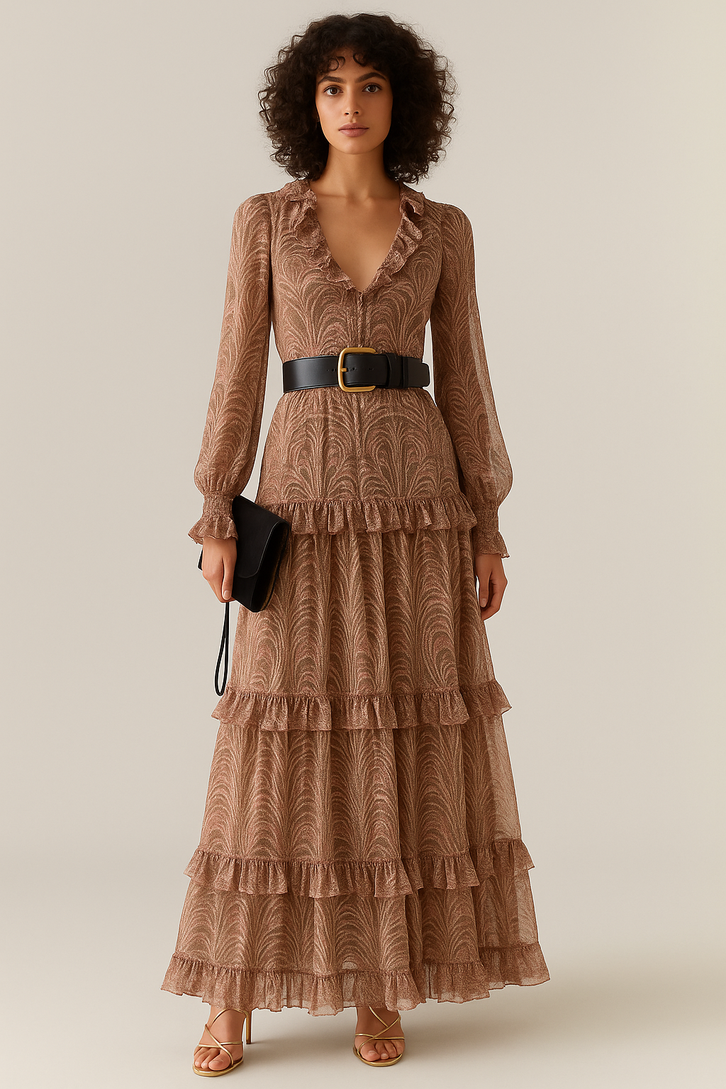 Terre Nomade – Maxikleid mit Volants & Paisley-Print in Zimtbraun