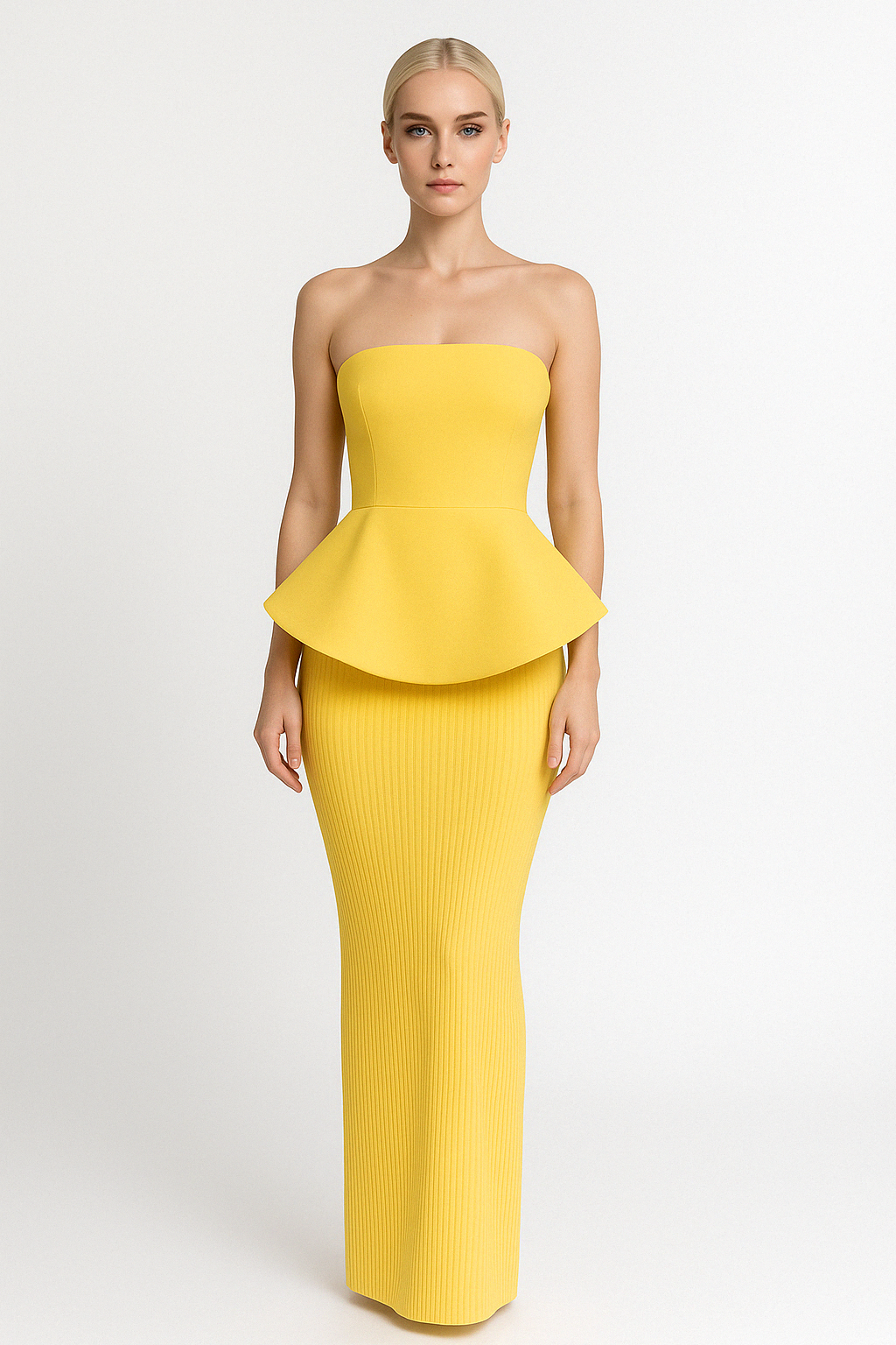 Gelbes Zweiteiler-Set mit trägerlosem Top und Plissee-Midirock – Golden Muse von Aura Aurora