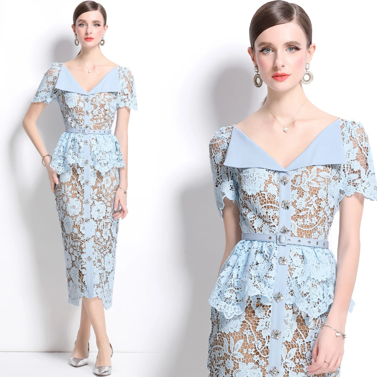 Besticktes Spitzen-Midikleid mit Peplum-Taille in Creme – Élégance Parisienne von Aura Aurora