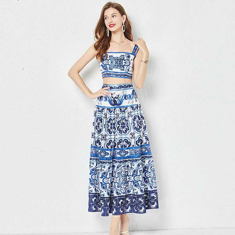 JAMERARY Ensemble deux pièces en porcelaine bleu et blanc pour femme, haut court à imprimé floral et jupe longue de plage