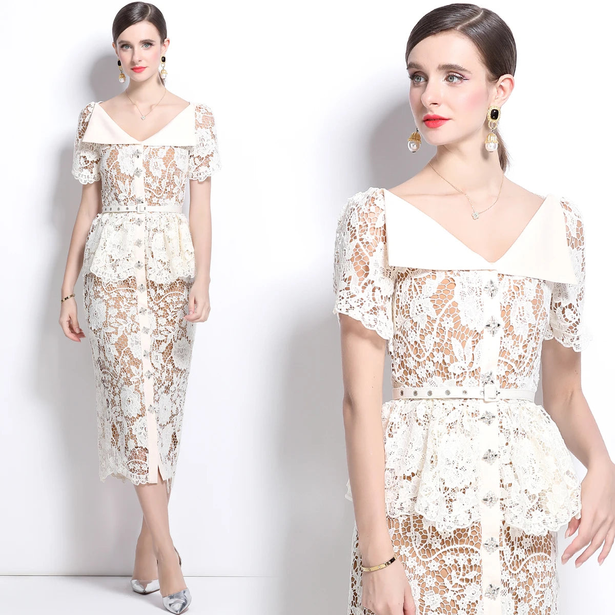 Besticktes Spitzen-Midikleid mit Peplum-Taille in Creme – Élégance Parisienne von Aura Aurora