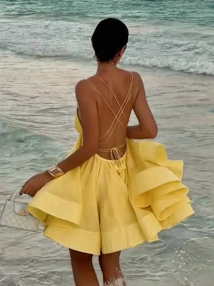 Bella Ventana Dress – Elegant pleated dress with back lacing &amp; open back