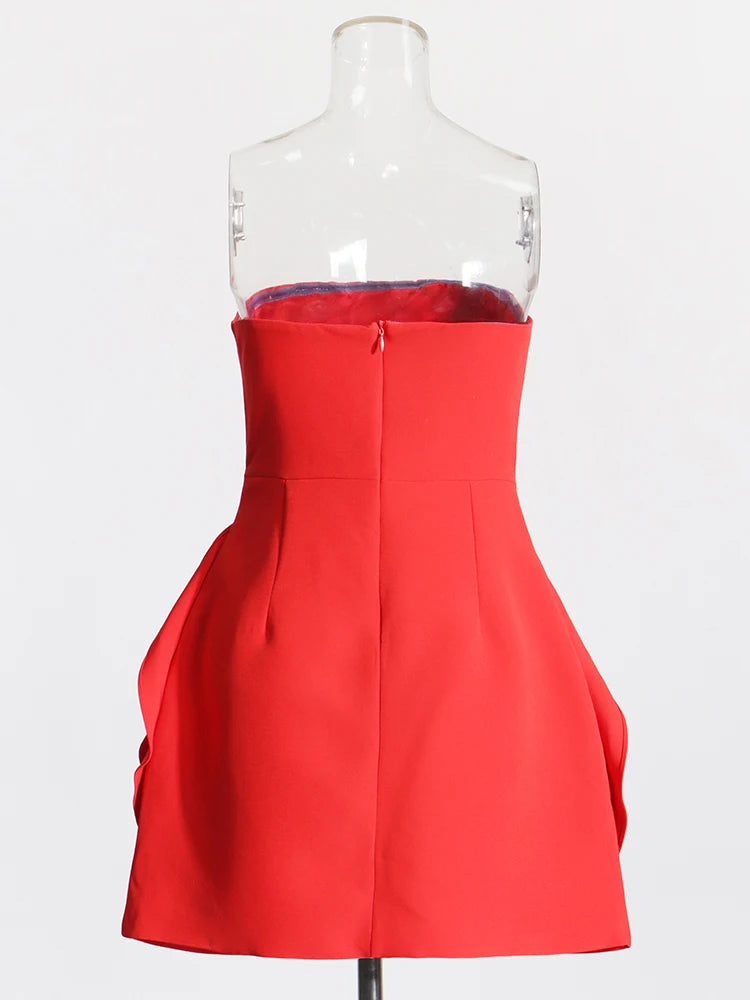 La Rose Rouge - 3D Rose Red Strapless Mini Dress