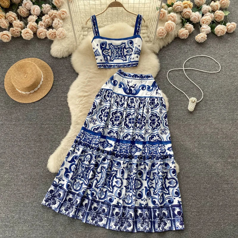JAMERARY Ensemble deux pièces en porcelaine bleu et blanc pour femme, haut court à imprimé floral et jupe longue de plage