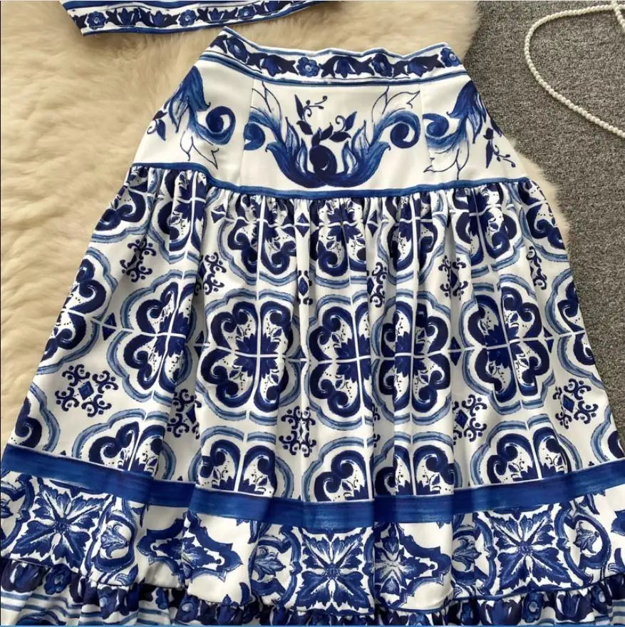 JAMERARY Ensemble deux pièces en porcelaine bleu et blanc pour femme, haut court à imprimé floral et jupe longue de plage