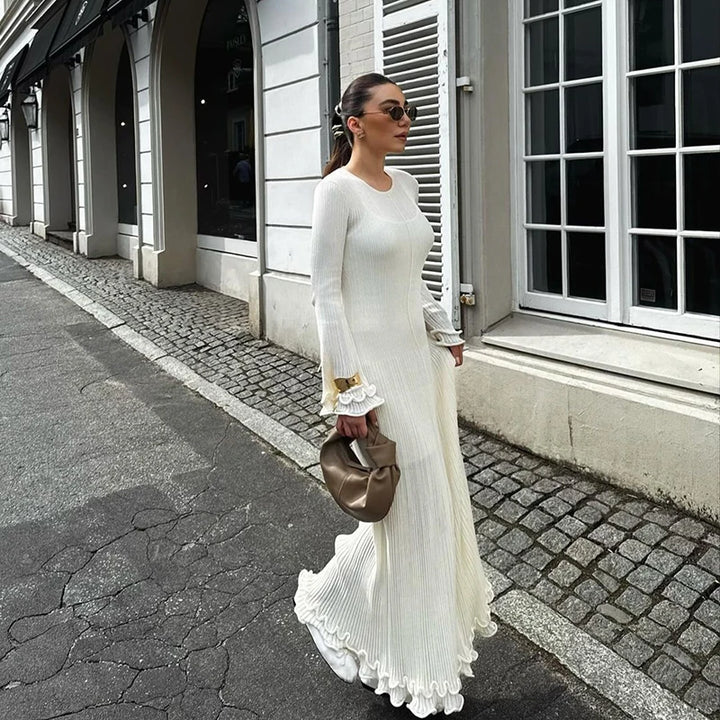 Robe longue plissée à volants pour femme, tenue de soirée élégante, style streetwear, blanche, col rond, évasée, automne-hiver