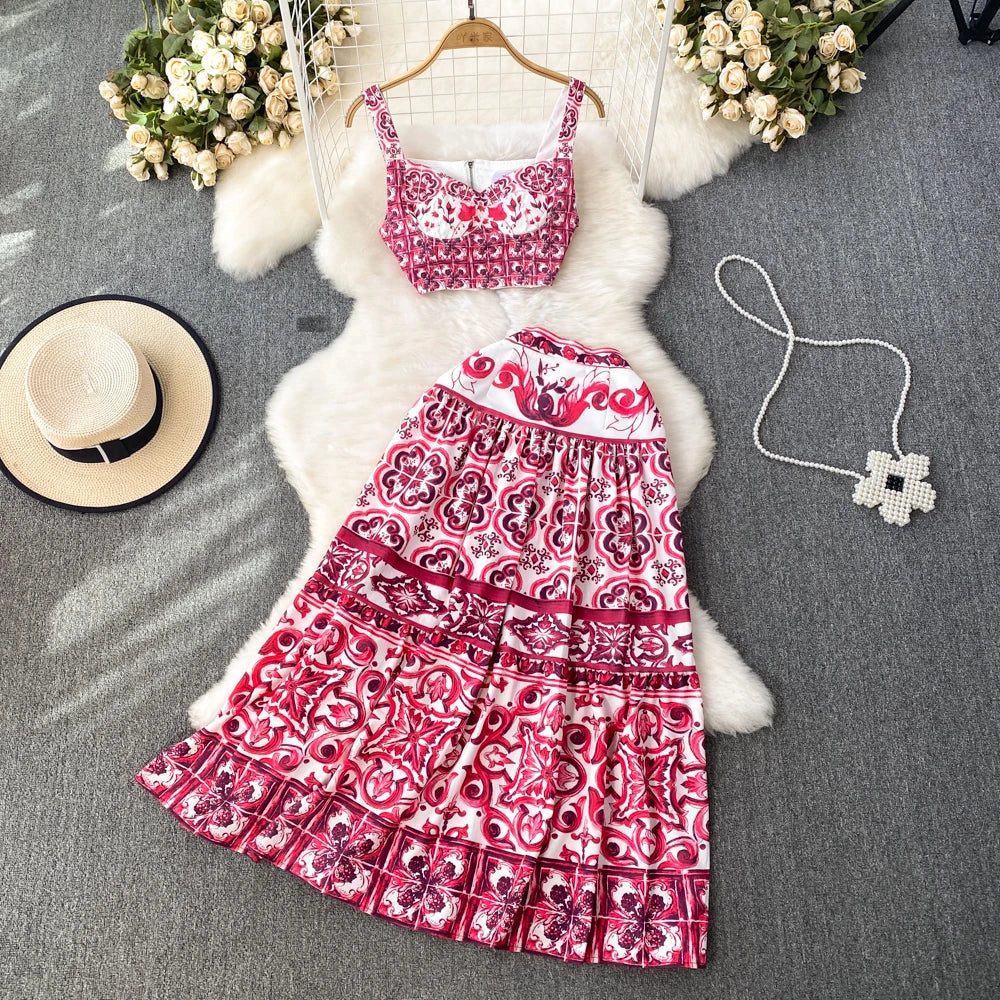 JAMERARY Ensemble deux pièces en porcelaine bleu et blanc pour femme, haut court à imprimé floral et jupe longue de plage