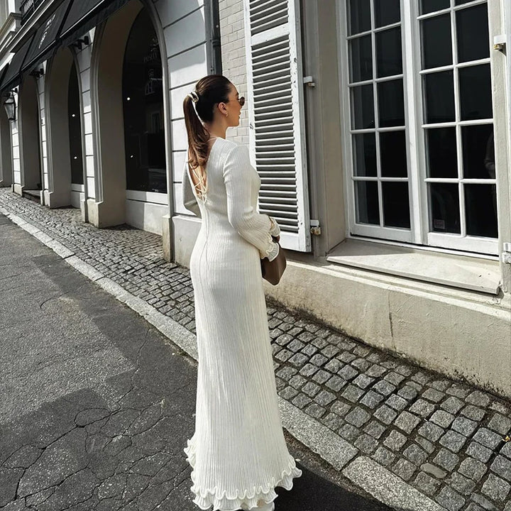 Robe longue plissée à volants pour femme, tenue de soirée élégante, style streetwear, blanche, col rond, évasée, automne-hiver