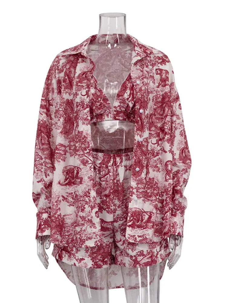 Bleu Musée – 3-teiliges Set mit Bluse, Shorts & Bralette im Toile-Print