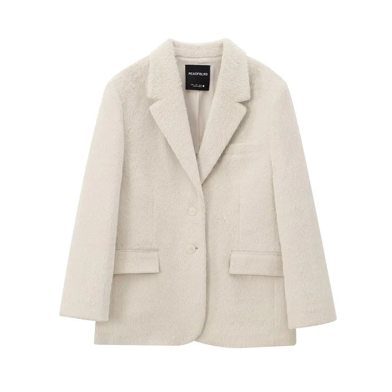 White Faux Fur Blazer - Oversized Damen Blazer Weiß