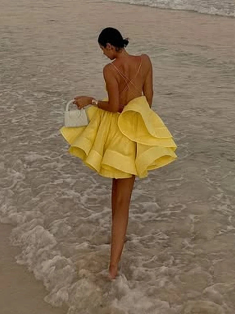 Bella Ventana Dress – Elegant pleated dress with back lacing &amp; open back