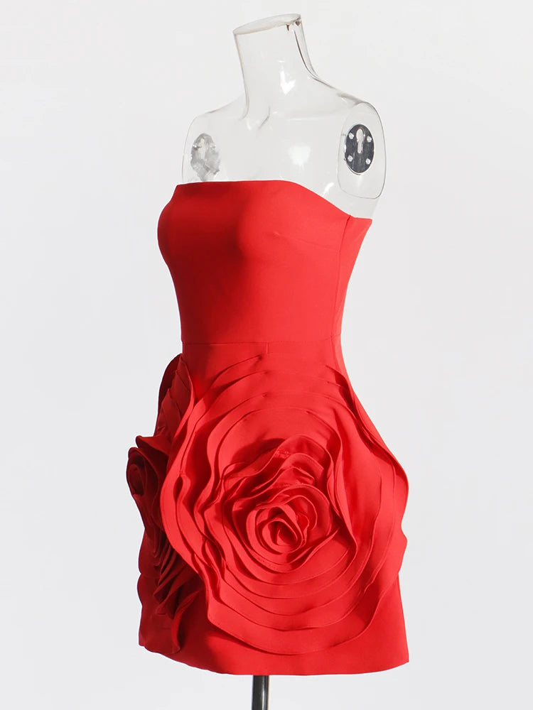 La Rose Rouge - 3D Rose Red Strapless Mini Dress