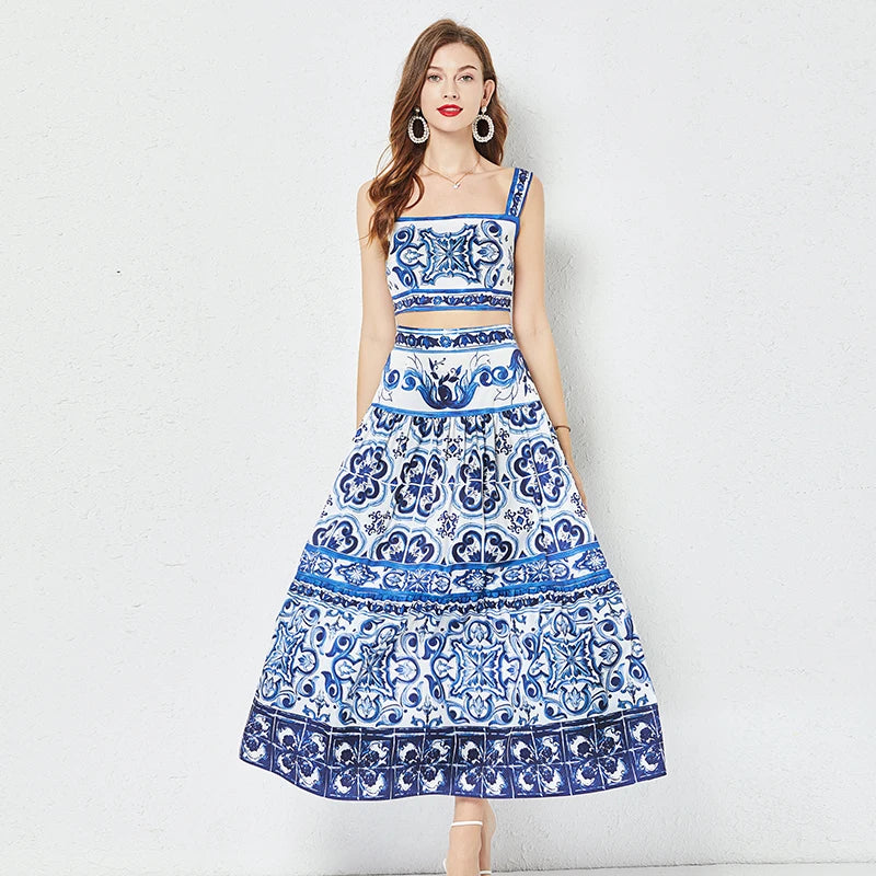 JAMERARY Ensemble deux pièces en porcelaine bleu et blanc pour femme, haut court à imprimé floral et jupe longue de plage