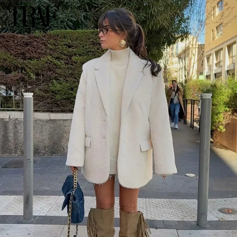 Blazer blanc en fausse fourrure - Blazer oversize pour femme