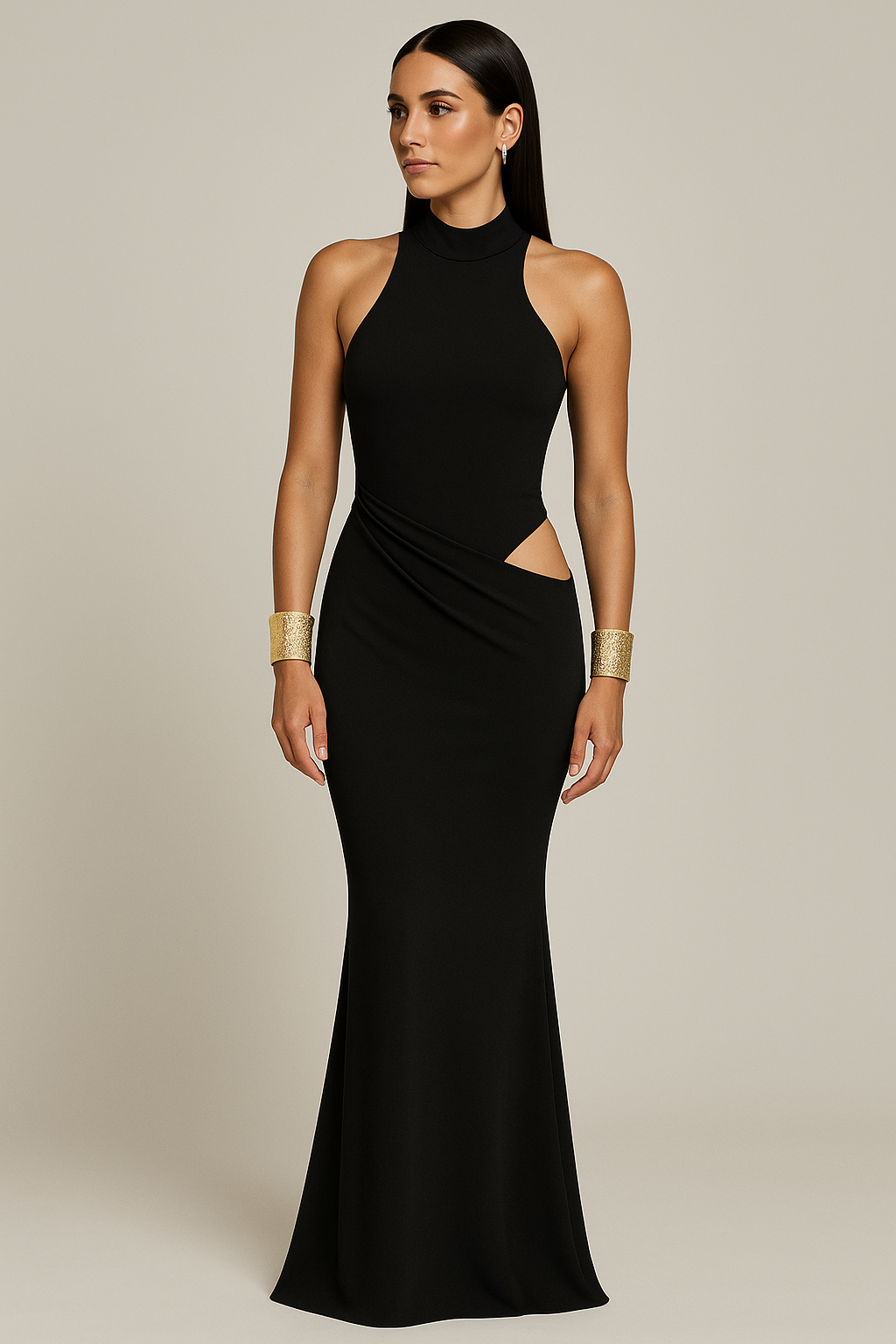 Satin-Maxikleid mit High-Neck und Cut-Out-Taille – Bronze Horizon von Aura Aurora