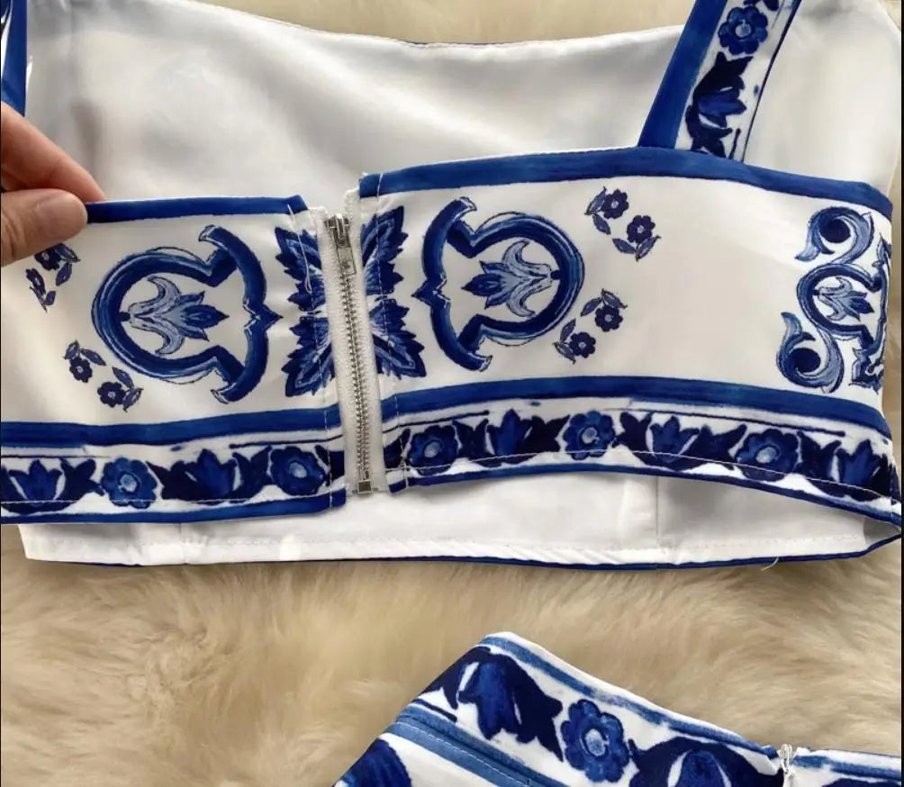 JAMERARY Ensemble deux pièces en porcelaine bleu et blanc pour femme, haut court à imprimé floral et jupe longue de plage