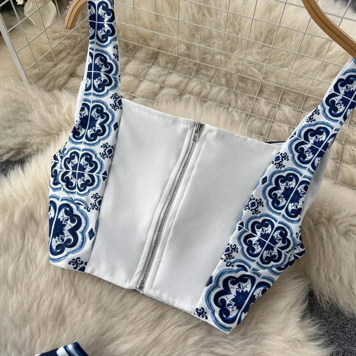 JAMERARY Ensemble deux pièces en porcelaine bleu et blanc pour femme, haut court à imprimé floral et jupe longue de plage