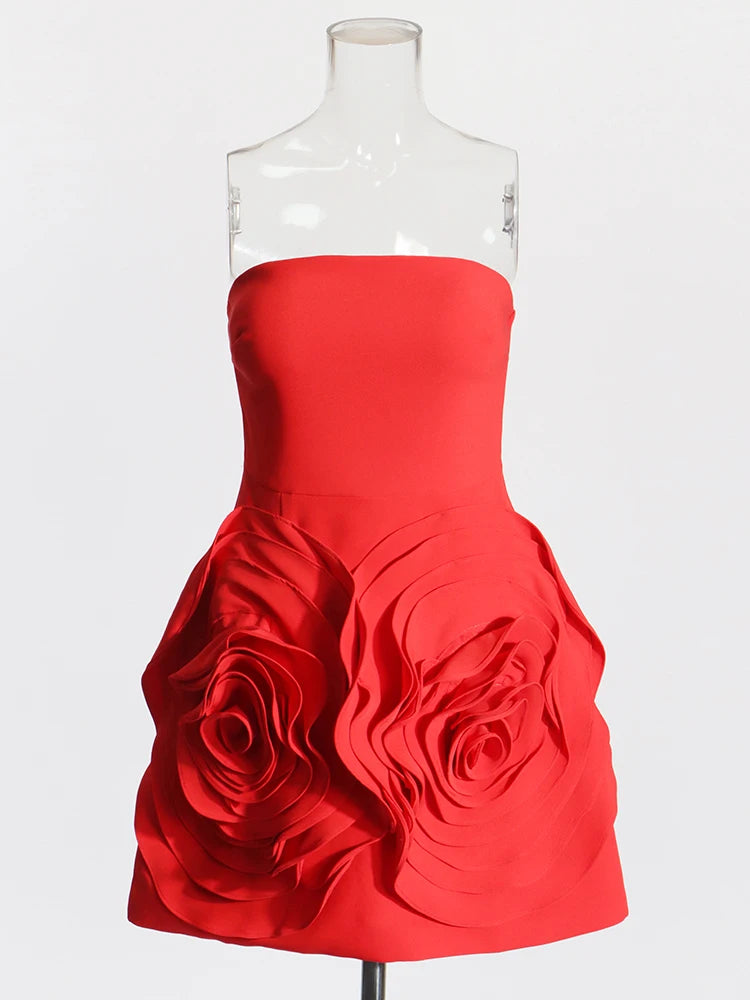 La Rose Rouge - 3D Rose Red Strapless Mini Dress