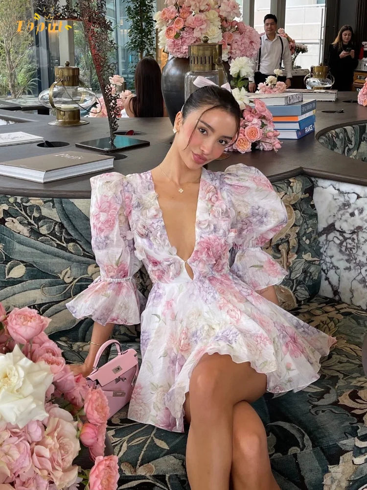 Aurora Fleur Dress – Puff Sleeve Mini with Romantic Print
