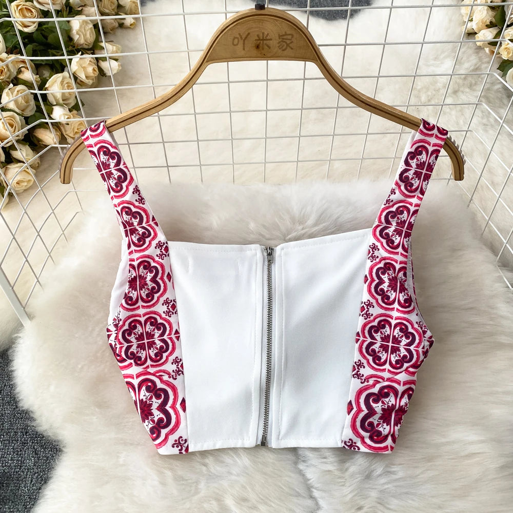 JAMERARY Ensemble deux pièces en porcelaine bleu et blanc pour femme, haut court à imprimé floral et jupe longue de plage