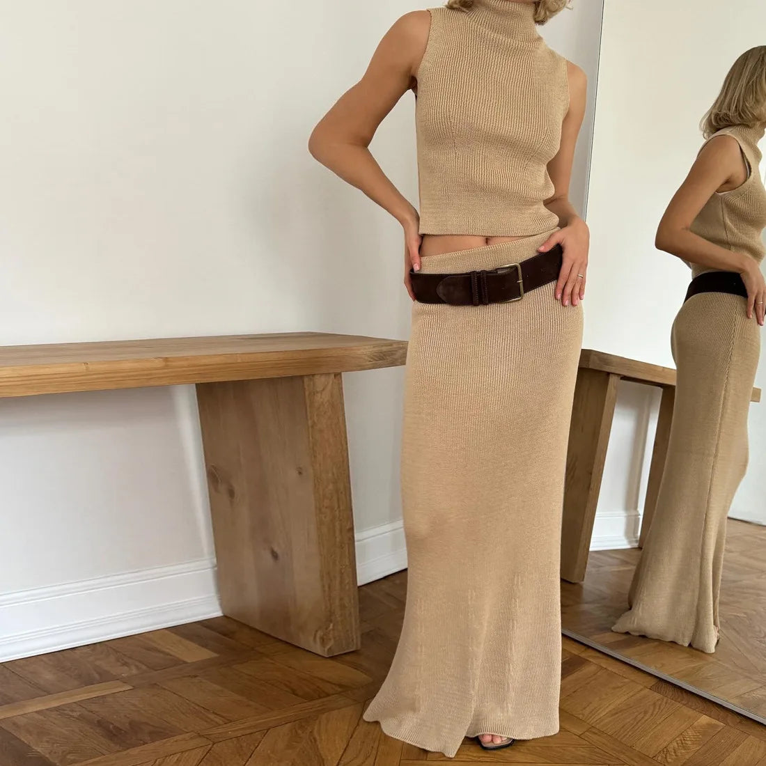 Rippstrick-Zweiteiler-Set mit Top und Midirock – Solara Knit von Aura Aurora