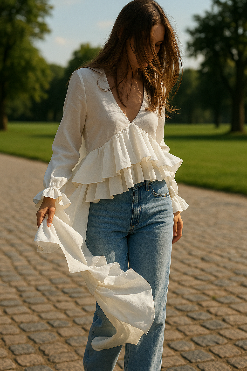 Weiße Rüschenbluse mit V-Ausschnitt und dramatischem Rückenausschnitt – Élan Blanc von Aura Aurora