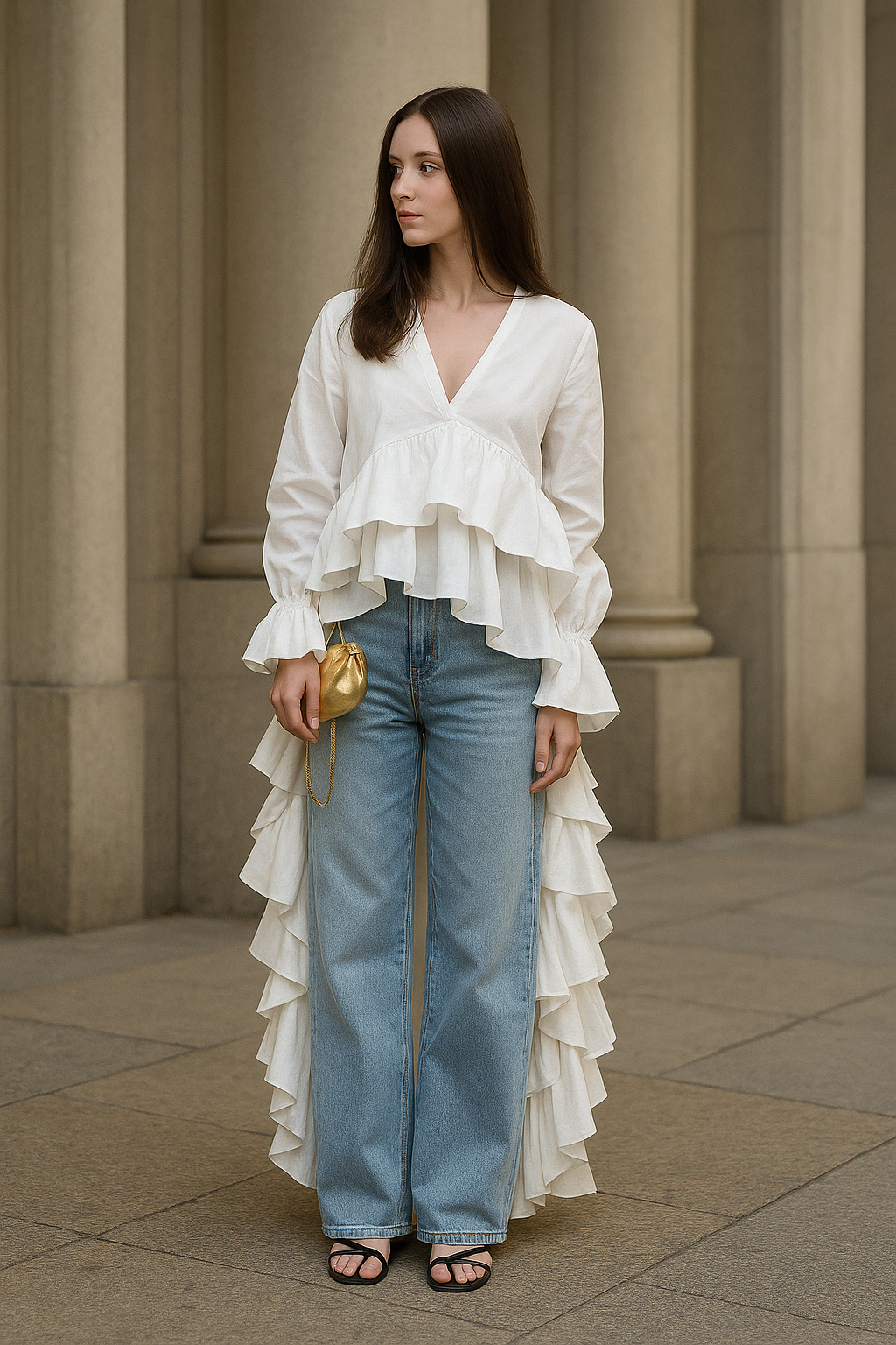 Weiße Rüschenbluse mit V-Ausschnitt und dramatischem Rückenausschnitt – Élan Blanc von Aura Aurora